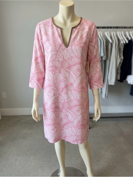 Tommy Bahama Dresses & Skirts - Tommy Bahama Coral and White Leaf-Print V-Neck Linen Bead-Trim Tunic